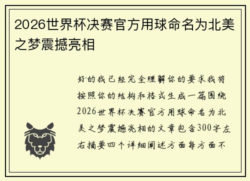 2026世界杯决赛官方用球命名为北美之梦震撼亮相 2026世界杯决赛官方用球命名为北美之梦震撼亮相