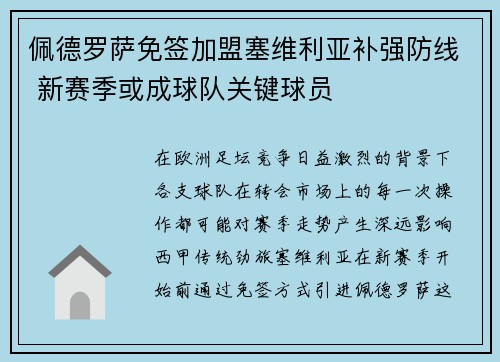 佩德罗萨免签加盟塞维利亚补强防线 新赛季或成球队关键球员 佩德罗萨免签加盟塞维利亚补强防线 新赛季或成球队关键球员
